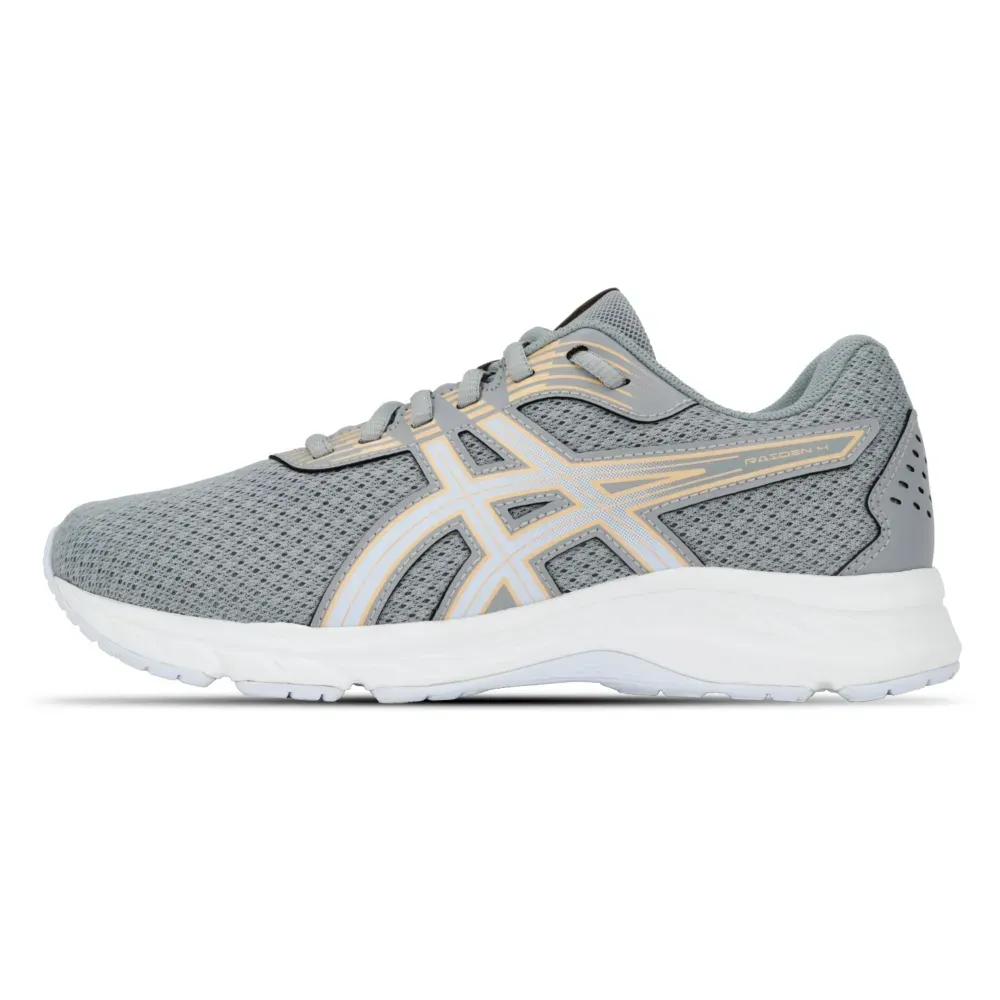 Vista lateral do tênis Asics Raiden 4 Feminino cinza com detalhes dourados e solado branco, destacando seu design moderno.